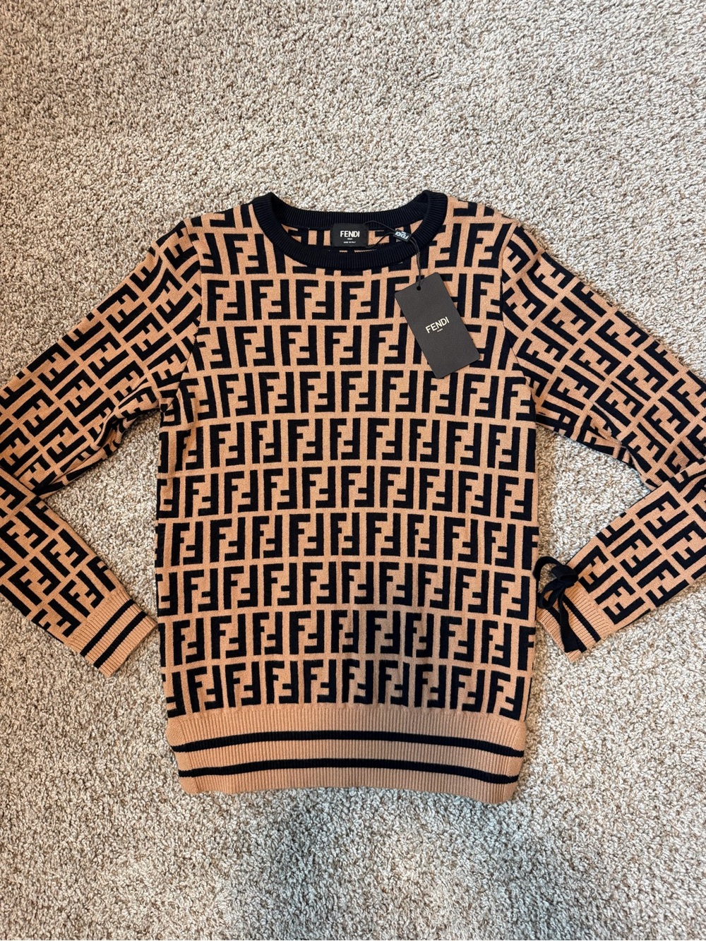 Fendi Tan and Black FF Logo Crewneck Sweater